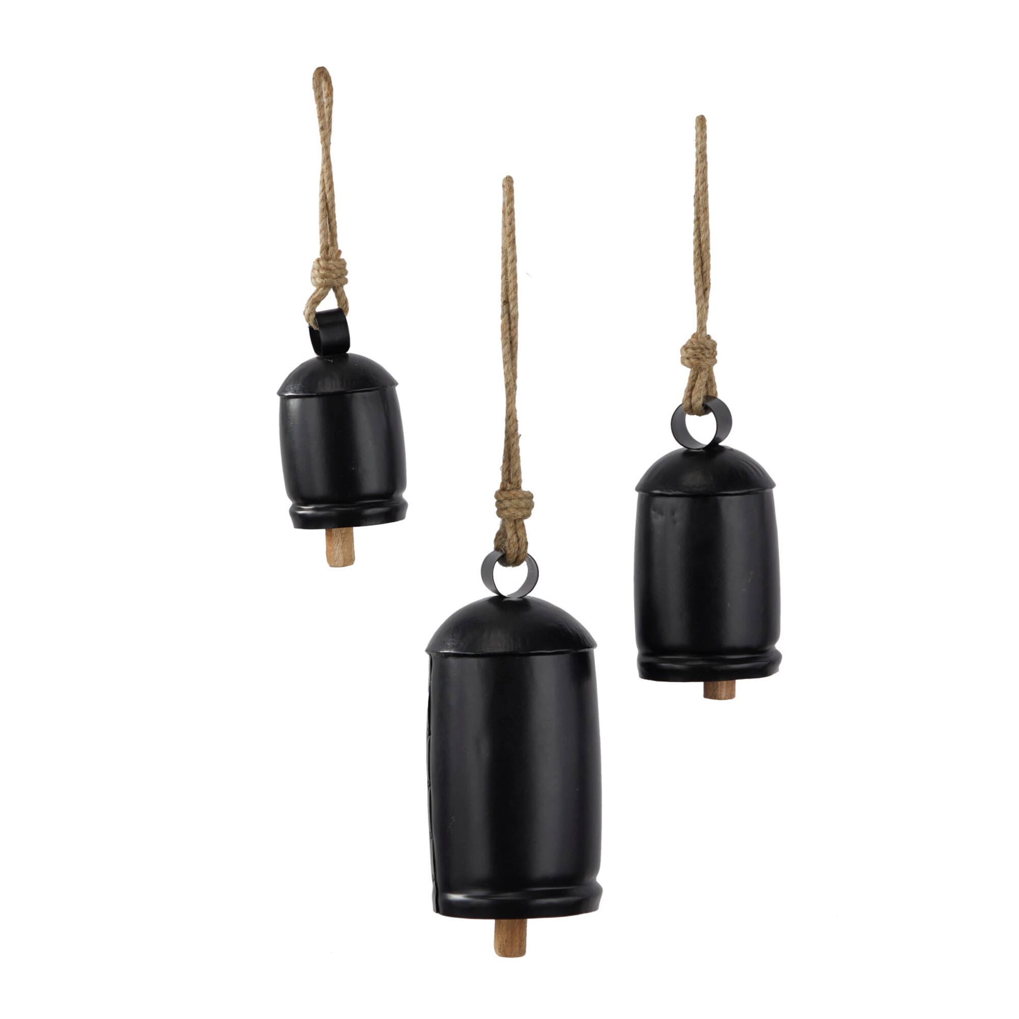 Black Metal Bohemian Decorative Cow Bell, Set of 3" 13", 8", 7"
